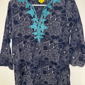 Roberta Roller Rabbit Printed Tunic Top with Turquoise Embroidery